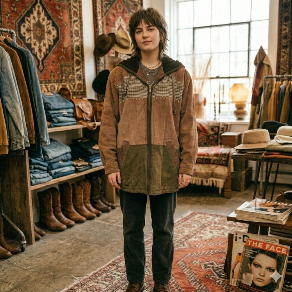 VTG JLC Patchwork Suede Leather Hooded Jacket L Wool Houndstooth Oversized Coat